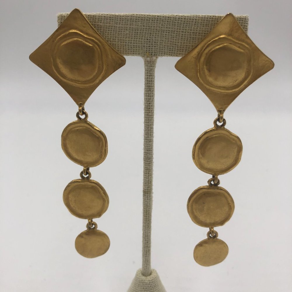 Vintage 1980s Bright Gold Boho Chunky Dangling Abstract Pierced Earrings - Picture 2 of 4
